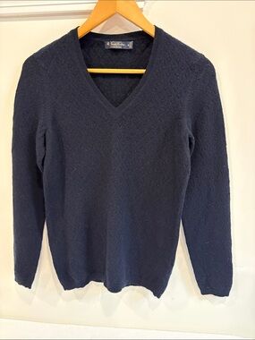 Brooks Brothers Cashmere Dark Navy Diamond-Textured V-Neck Sweater